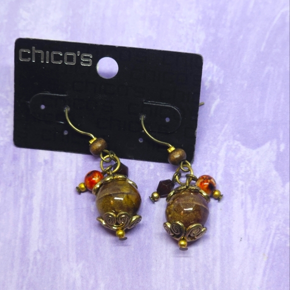 Chico's Gold Tone Brown Beaded Dangle Earrings - Picture 1 of 3